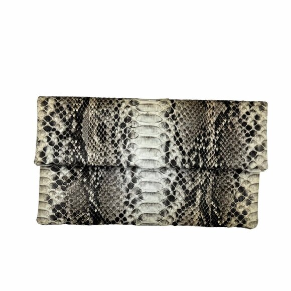 Foldover Clutch Snake Skin Embossed Leather Rectangular Animal Print Minimalist - Picture 2 of 11